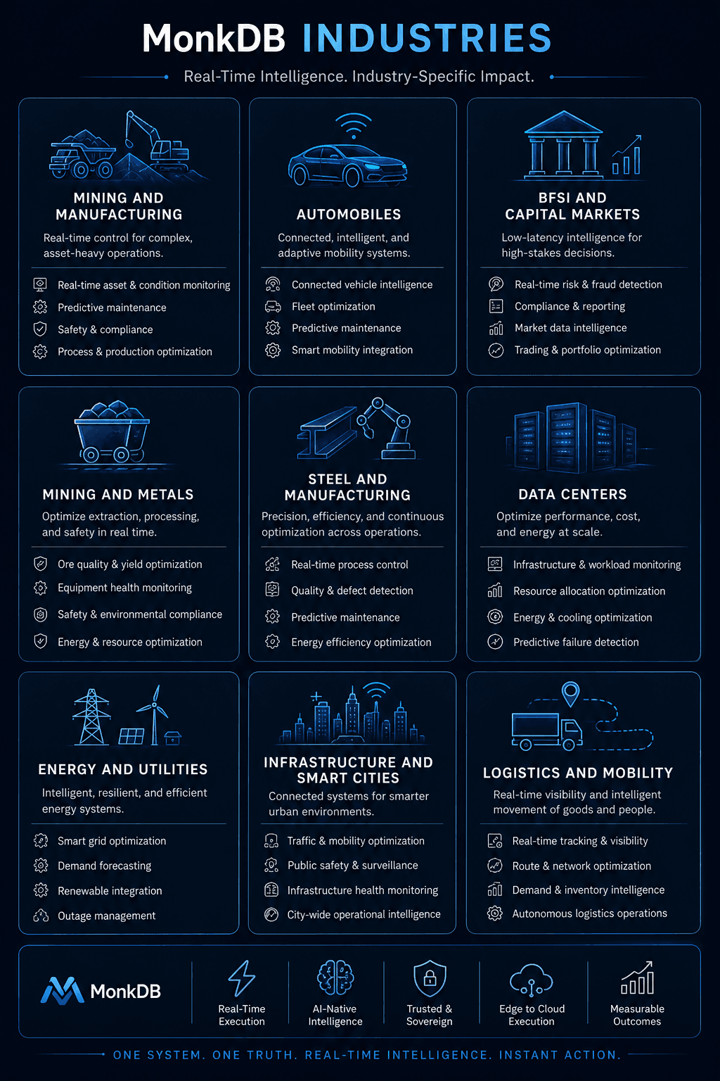 MonkDB Industries grid showing nine industry verticals with capabilities
